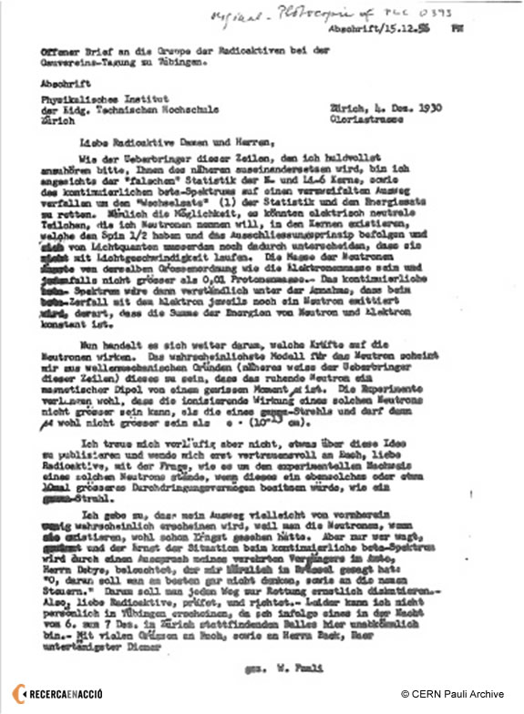 Carta original d'en Wolfgang Pauli