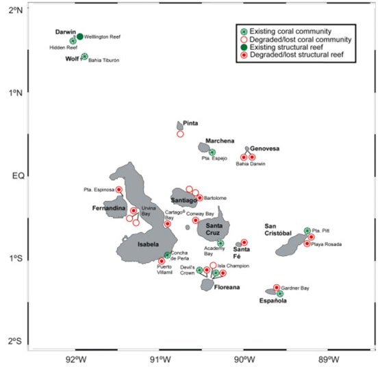 : Localització i estat dels esculls de corall a les Illes Galápagos, després de l'esdeveniment El Niño de 1982–83. Font: Glynn et al., 2018. Glynn, P.W., Feingold, J.S., Baker, A., Banks, S., Baums, I.B., Cole, J., Colgan, M.W., Fong, P., Glynn, P.J., Keith, I., Manzello, D., Riegl, B., Ruttenberg, B.I., Smith, T.B., Vera-Zambrano, M., 2018. State of corals and coral reefs of the Galápagos Islands (Ecuador): Past, present and future. Marine Pollution Bulletin 133, 717–733. https://doi.org/10.1016/j.marpolbul.2018.06.002